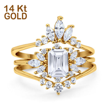14K Yellow Gold Emerald Cut Trio Set Engagement Rings Three Piece Bridal Set Marquise Round Simulated Cubic Zirconia